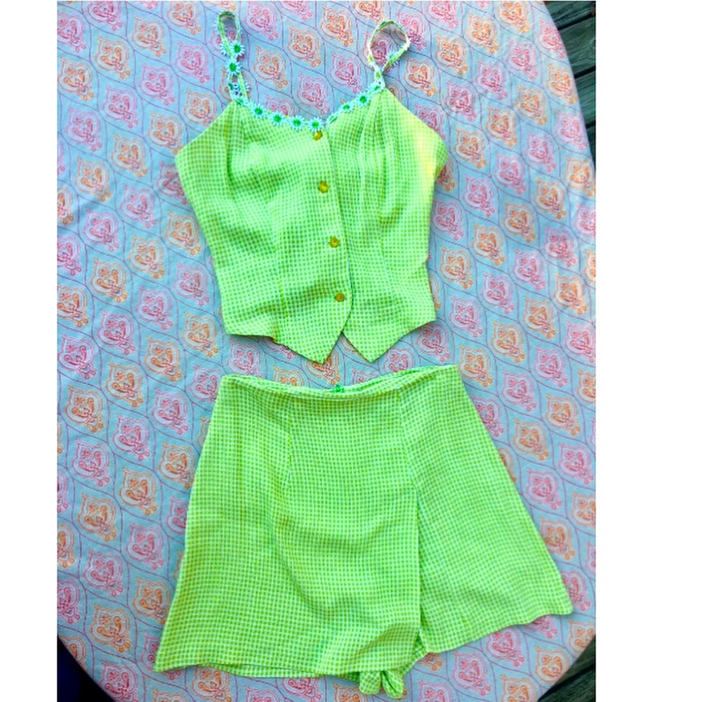 Vintage Lime Green Button-Up Top and Skirt
